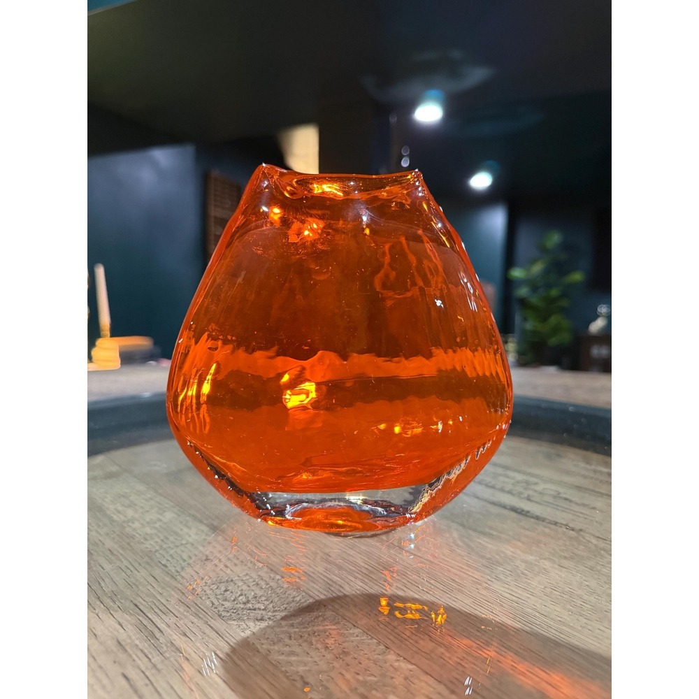 Vintage Handblown Orange Art Glass Vase • Murano-Style Clear Base 5.5"